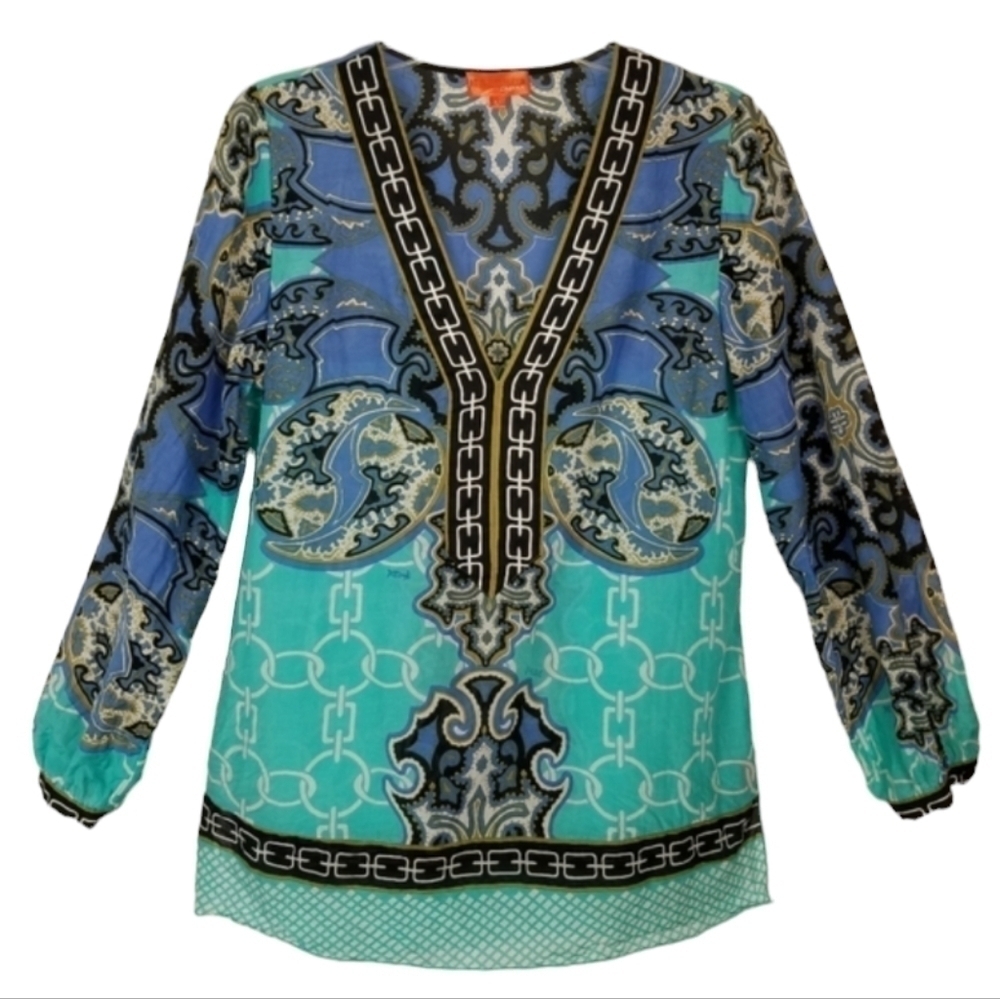 Hale Bob Cabana Silk Cotton Blend Long Sleeve Tunic Top Medium Blue Boho Print